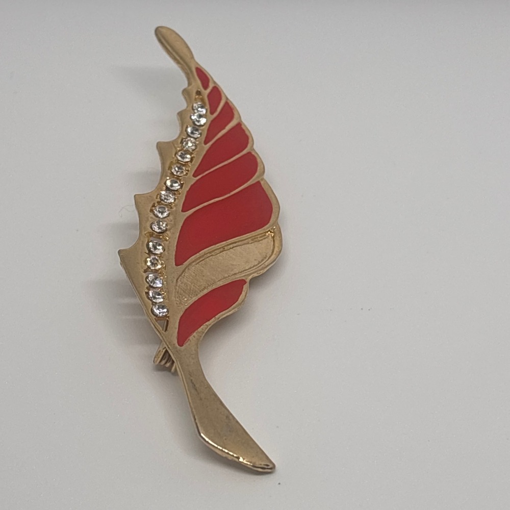 Gold Tone Red Enamel Crystal Leaf Brooch Pin Fashion Jewelry